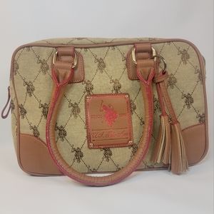 U.S. Polo Assn. Vintage Handbag, Cosm. Bag, Tan and Cream with Pink Lining, EUC